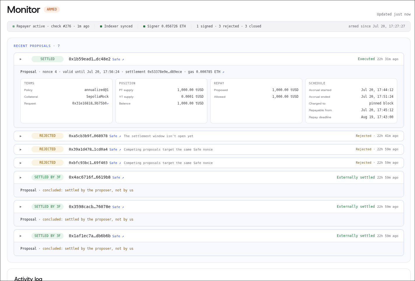 3F repayer dashboard showing recent proposals